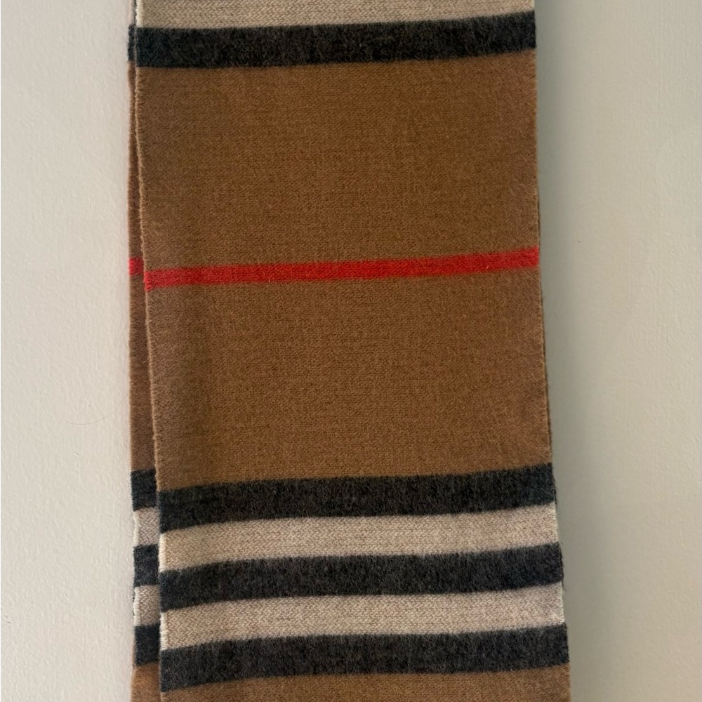 Burberry Tan Wool-Cashmere Striped Fringed Scarf